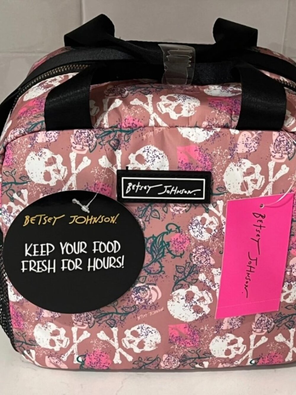 BETSEY JOHNSON Pink Rose Skull Top Handle Insulated Lunch Tote Box Bag Goth NWT